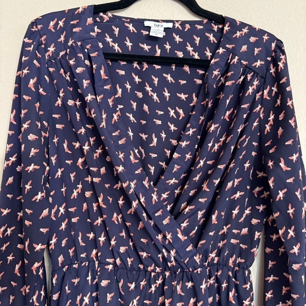 Novelty Print Birds Bar III Dress Long Sleeve Navy Blue Size XL Summer Spring - Picture 4 of 16